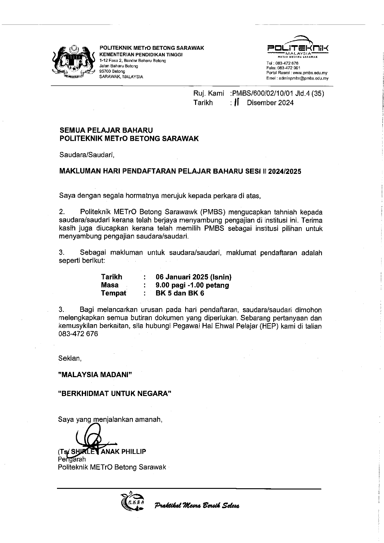 MAKLUMAN HARI PENDAFTARAN PELAJAR BAHARU SESI II 24 25 page 0001
