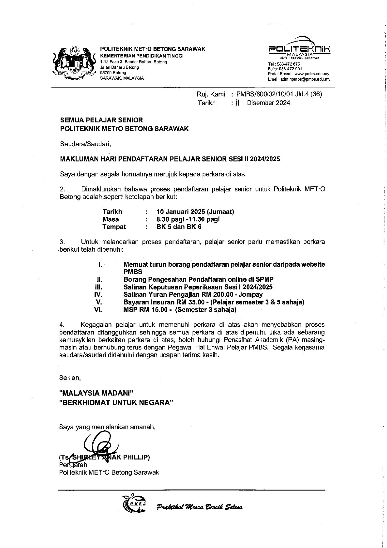 MAKLUMAN HARI PENDAFTARAN PELAJAR SENIOR SESI II 24 25 page 0001